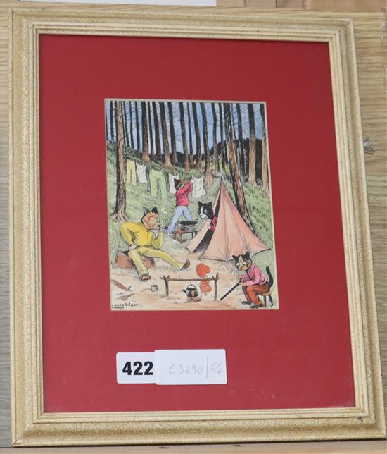 After Louis Wain, coloured print, Camping Cats, 16 x 12cm